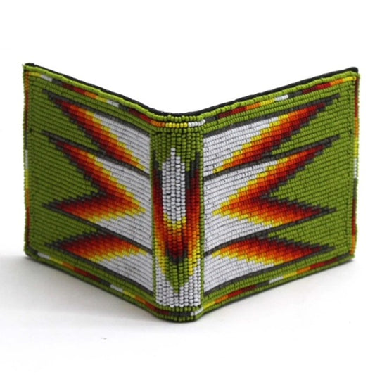 Handmade beaded Native American style genuine leather Men's bifold Wallet/purse - Olive Green Fire