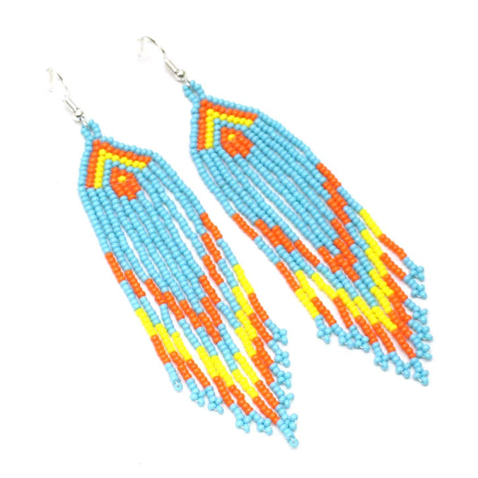 Handmade beaded Cyan Blue Orange boho earrings