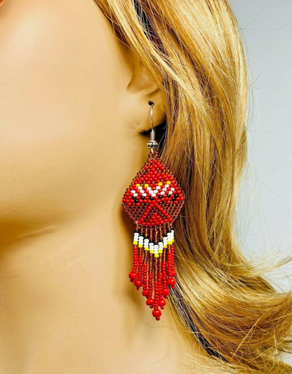 Native Style Thunderbird Handmade Ethnic Brown Red Beaded Earrings E2/10
