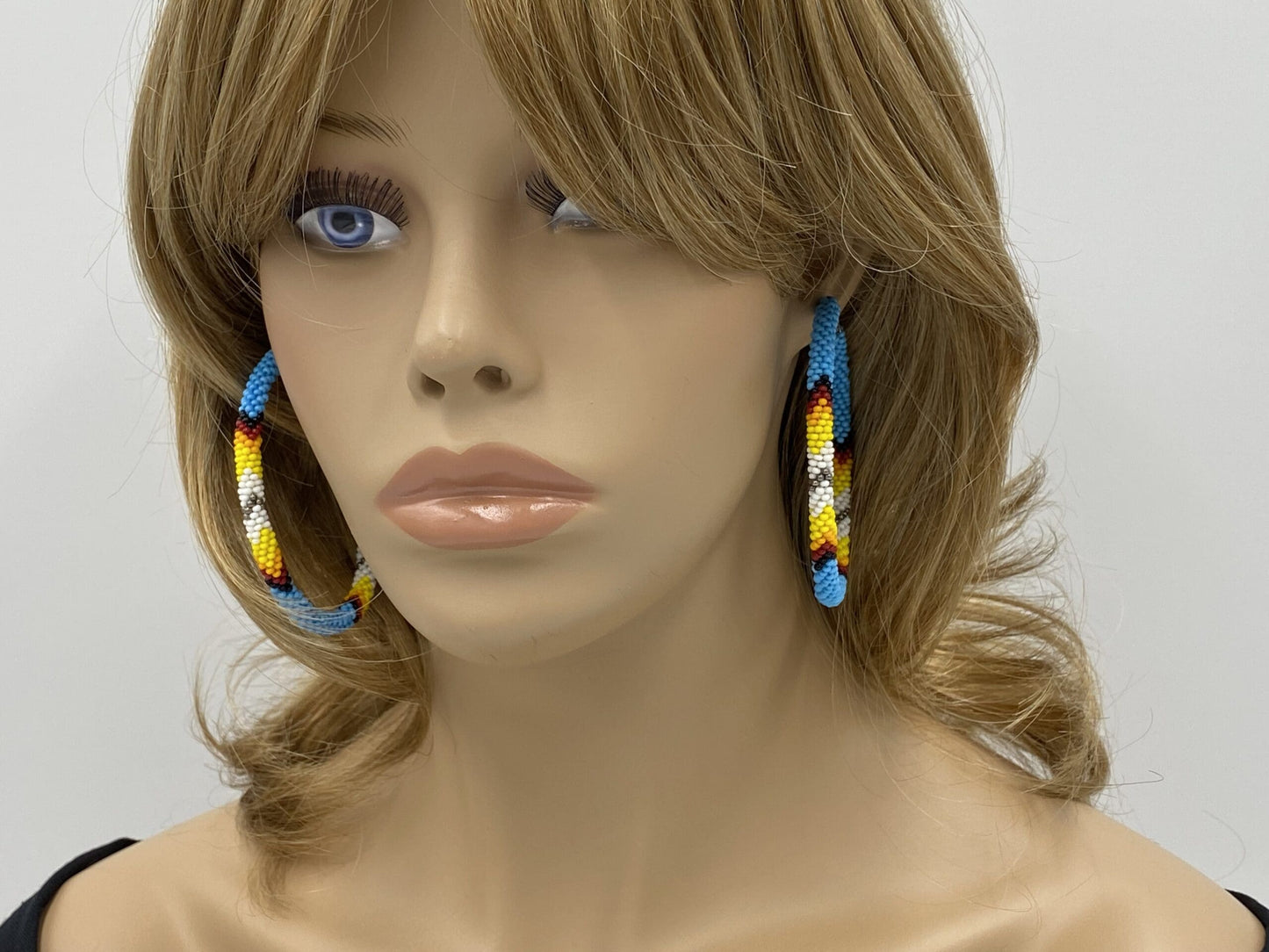 Handmade Native Style 3 Inch Hoop Earrings with Czech Seed Beads - Cyan Blue