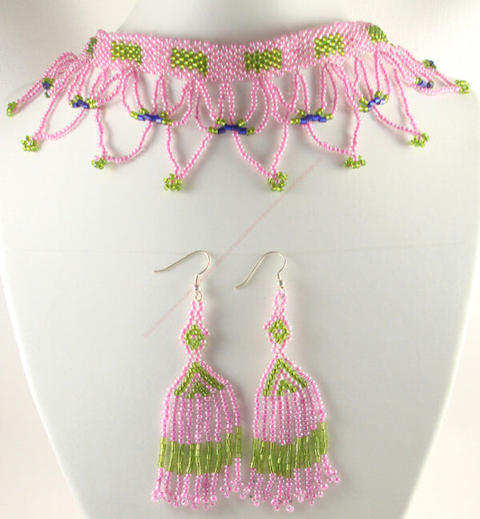 Handcrafted Pink Green Choker Necklace Earrings Set - Lightweight and Elegant