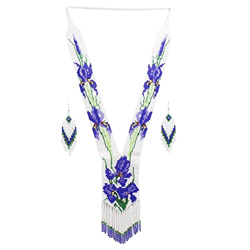 Native Tribal Style Long Statement Beaded Necklace for Women Y Shape - White Blue Flower